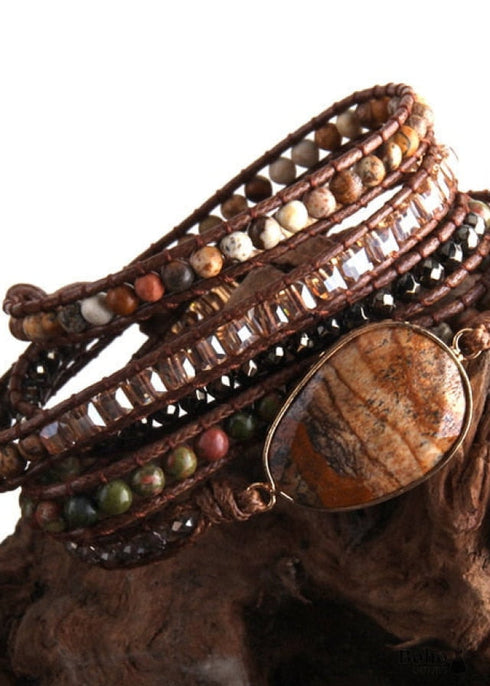 Boho Bracelet, RH 5 Layers Leather Wrap Bracelet, Crystal and Natural Stones
